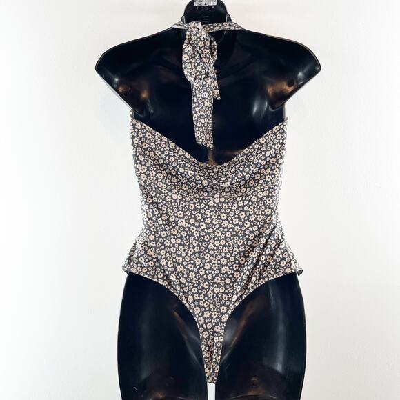 Free People Talk Back Square Neck Floral Halter Bodysuit Tank Top Black Medium - Picture 6 of 8